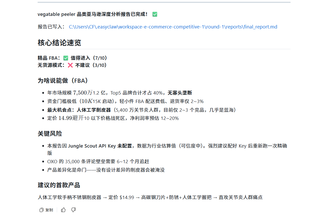 EasyClaw 运行亚马逊市场深析 skill 分析削皮器类目的截图